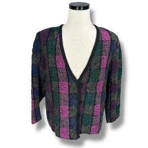 Vintage Koret Cardigan Sweater Womens 20W Pink Purple Gray Check Mohair‎ Blend